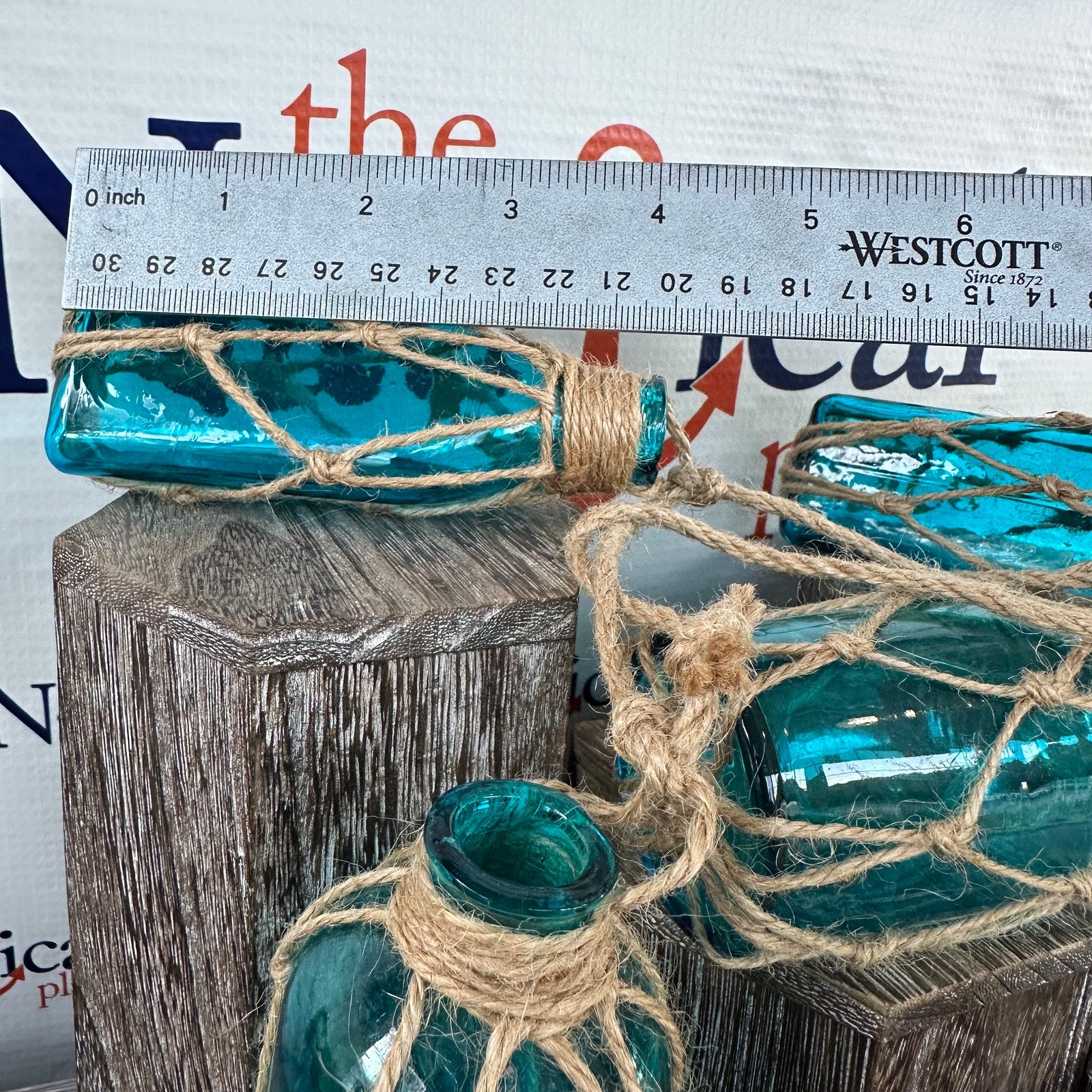 5 - Aqua Glass Bottles On Rope - Nautical Fish Net Buoy Ball Floats, Beach Decor