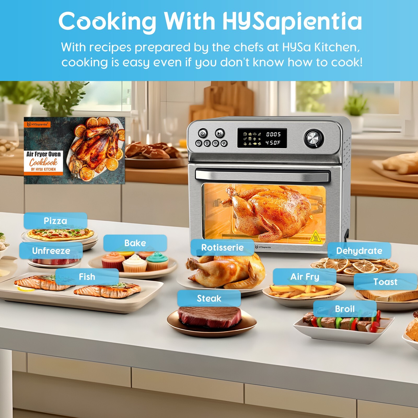 HYSapientia 26QT Stainless Steel Air Fryer Oven With Rotisserie 1800W Mini Oven