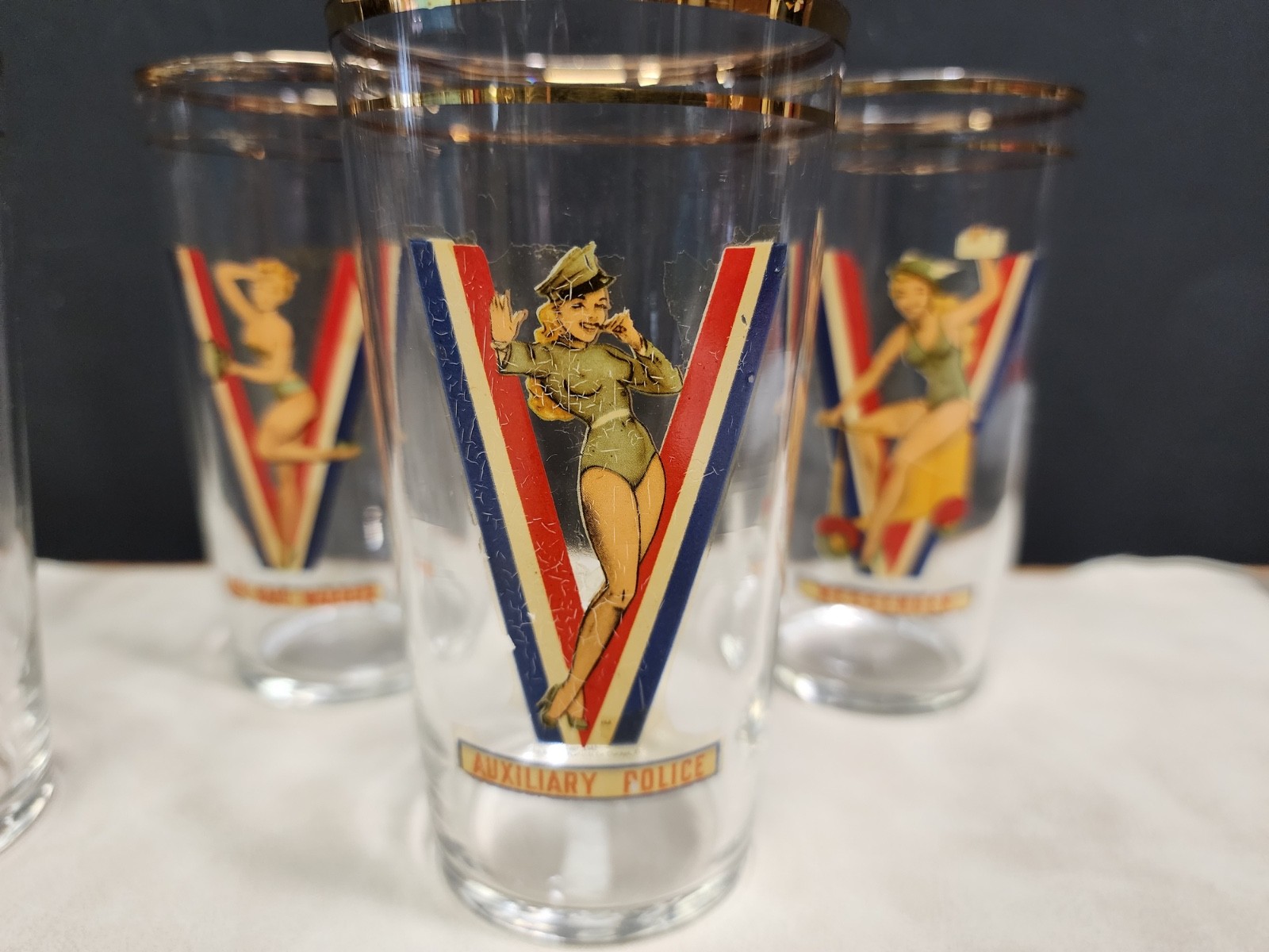 6 WWII Victory Drinking Glasses Pinup Girl V is for Victory Vintage 1942