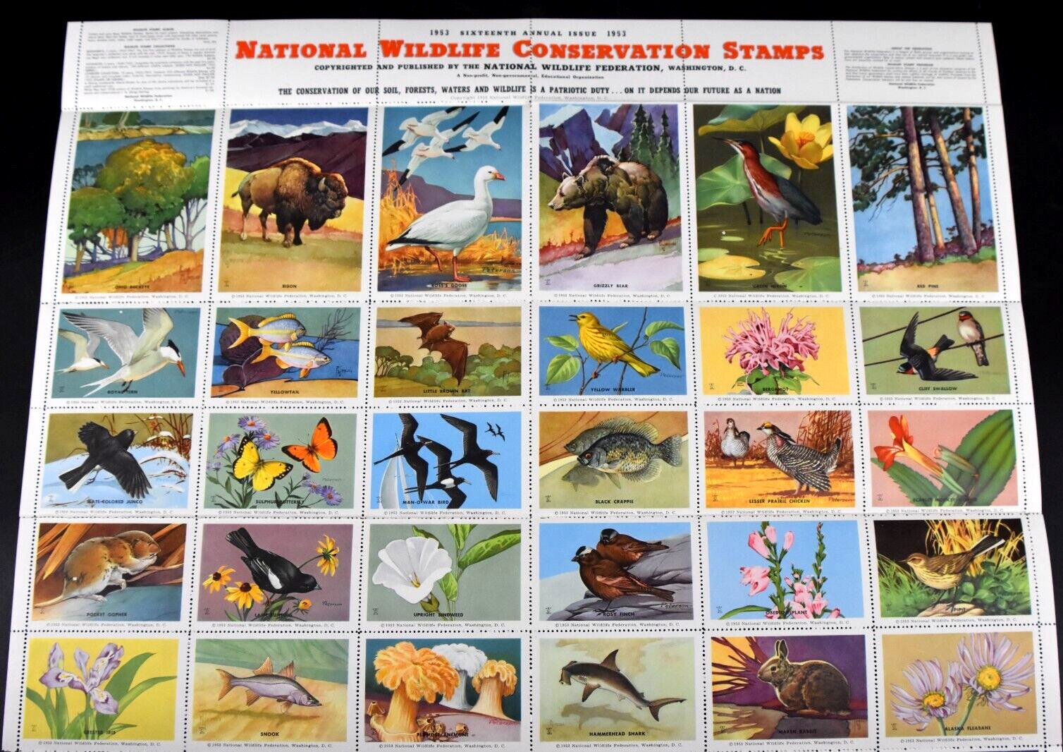 VTG 1953 National Wildlife Conservation Stamps Full Sheet Endangered Animals