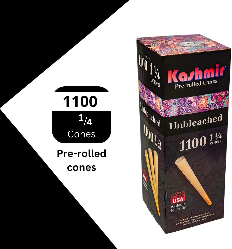 Pre Rolled Cones 1 1/4 Size Bulk 1100 Unbleached Rolling Paper Cones by Kashmir
