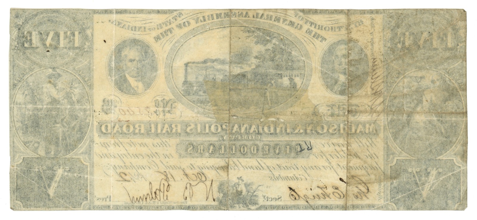 1842 Madison & Indianapolis Railroad Co. Columbus IN $5 Note W129-1 (L6692)
