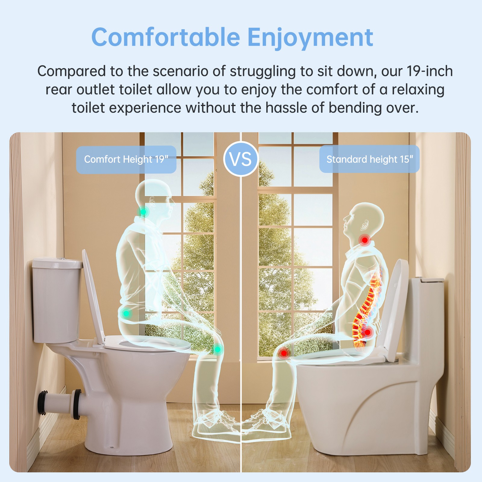 19 Inch Tall Toilet Rear Discharge Toilet with Dual Flush 1/1.6GPF for Seniors