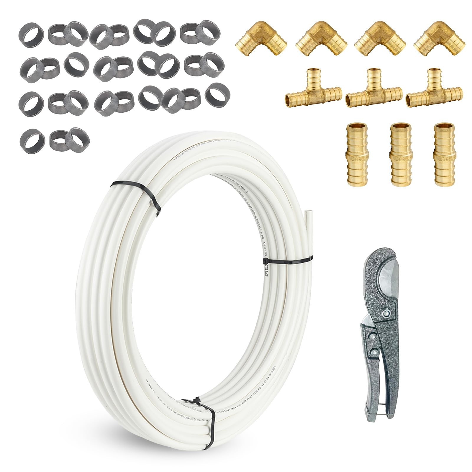 3/4 Inch White PEX-B Pipe, 100 Ft Pex B Tubing with a Pipe Cutter, 10PCS Brass