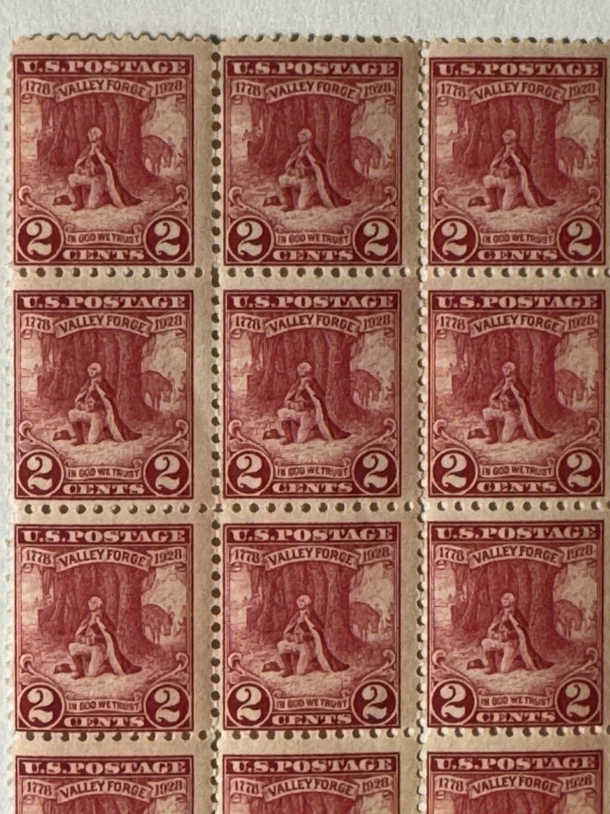 1928 Valley Forge 2 Cents Stamp Sheet Of 15 Stamps Mint