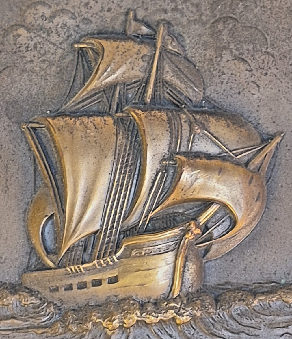 Antique Crowe Name Plate Mfg Ship Raised Metal Picture Chicago 5 1/2" x 7" d