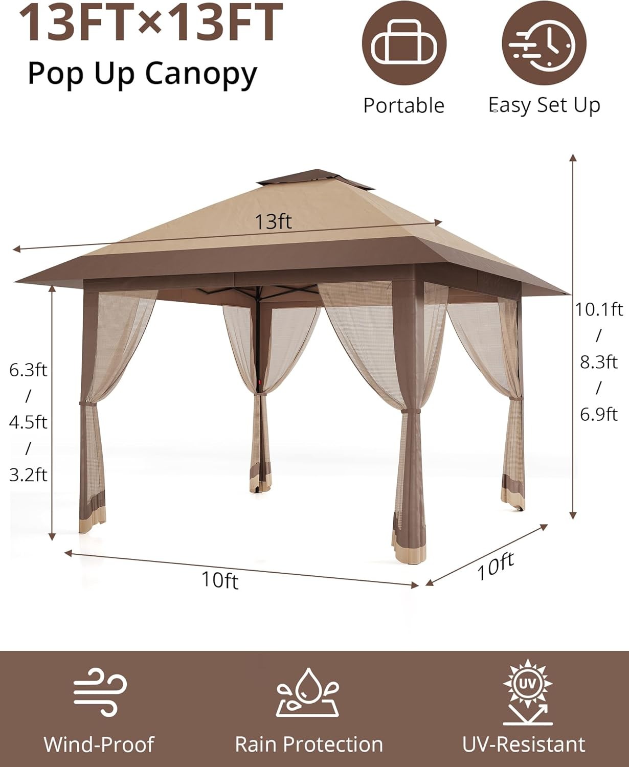 2 Tier 13x13FT Gazebo Replacement Top Canopy Cover for Outdoor BBQ Grill Shelter