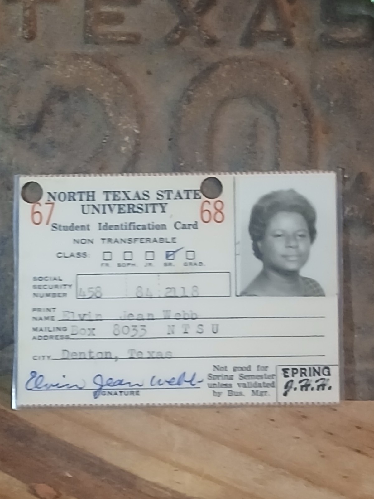 hbcu college*1967/68* NORTH TEXAS STATE COLLEGE ID CARD