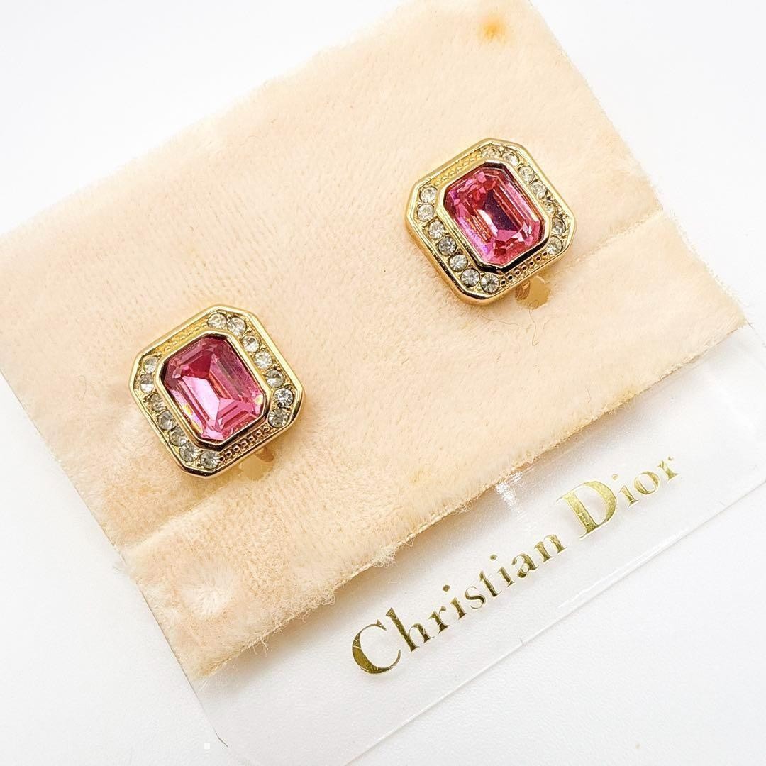 Christian Dior Earrings Pink Stone Crystal Rhinestone Gold Metal Accessories