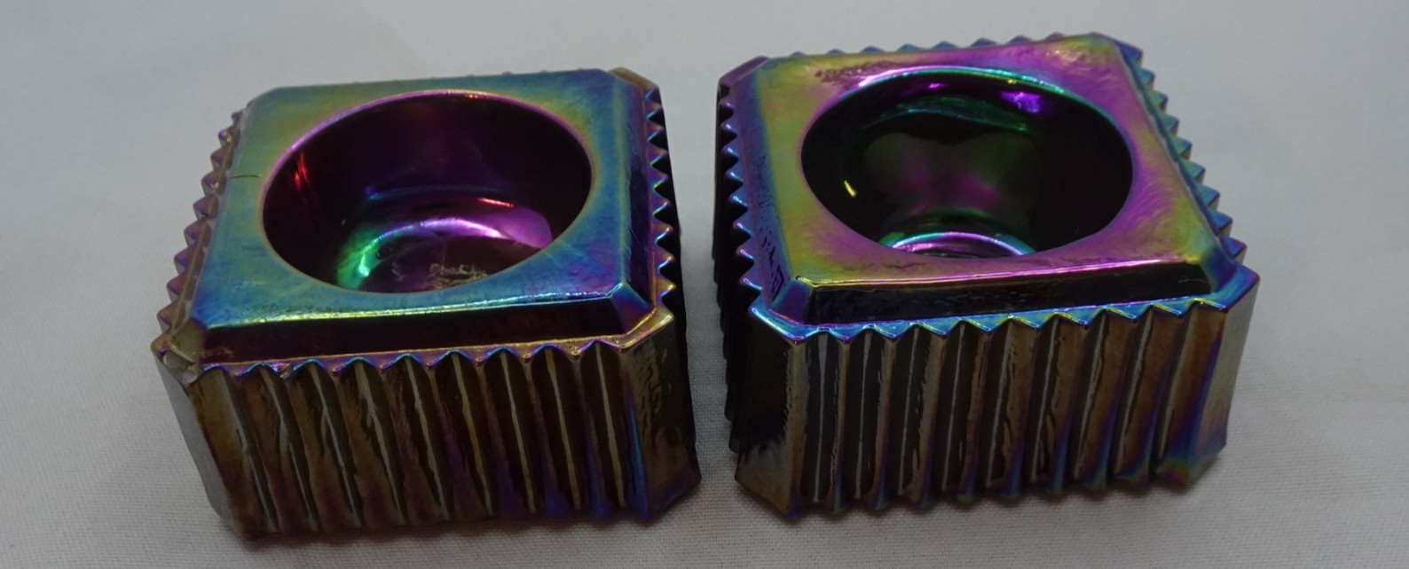 (2) E.E. Ed Bowman Wetzel Glass Fluted Square Open Salt Dip Purple Iridescent
