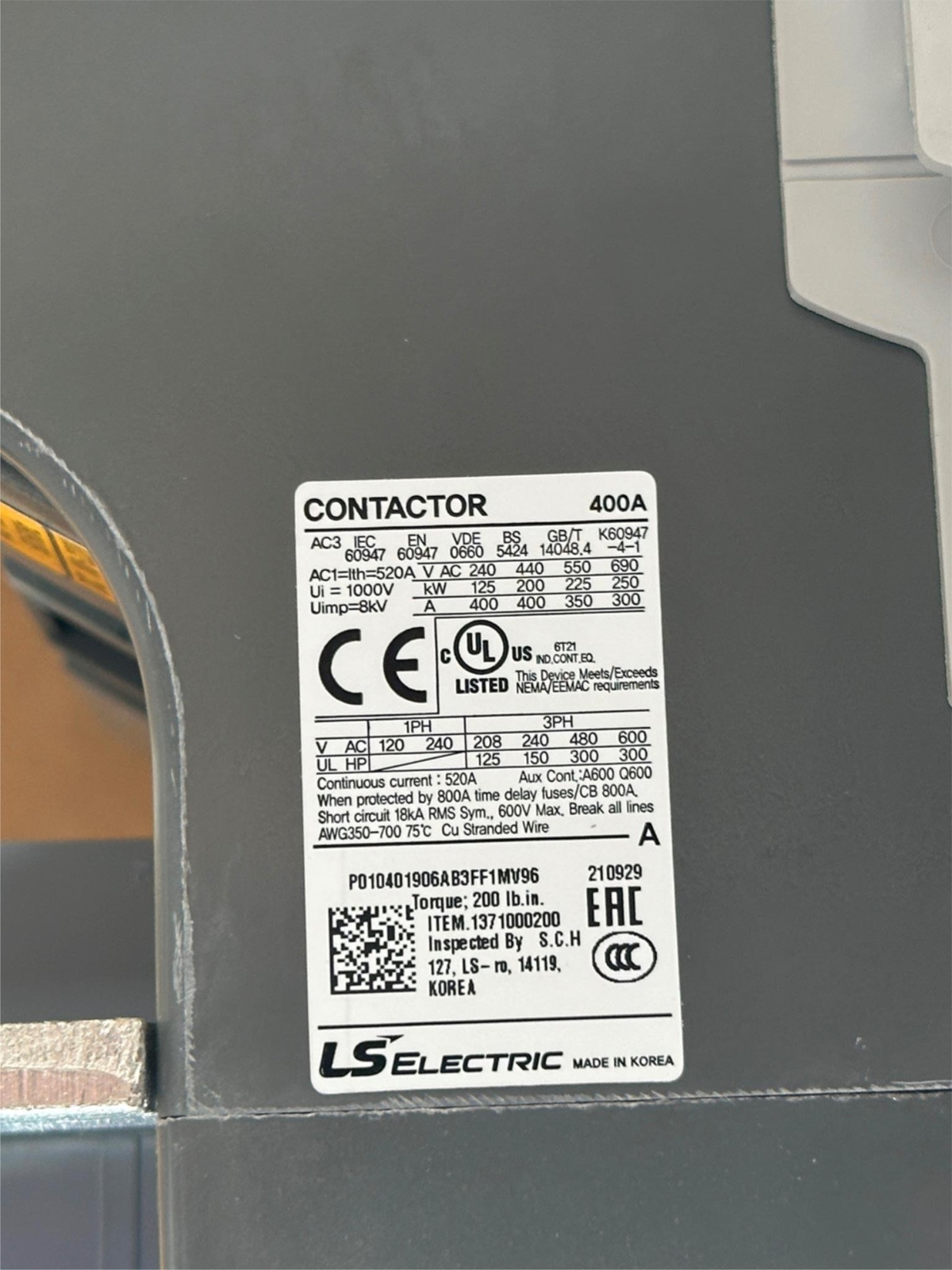 Metasol MC-400A 400A AC Contactor 3P Screw Type 100-240VAC 100-220VDC 2A2B