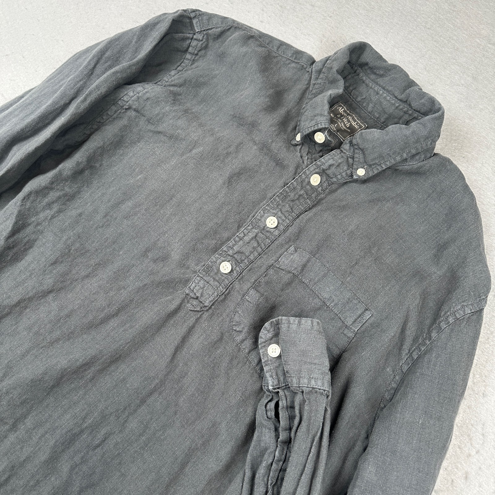 Abercrombie and Fitch Shirt Mens Large Gray 100% Linen Henley Popover Polo Y2K