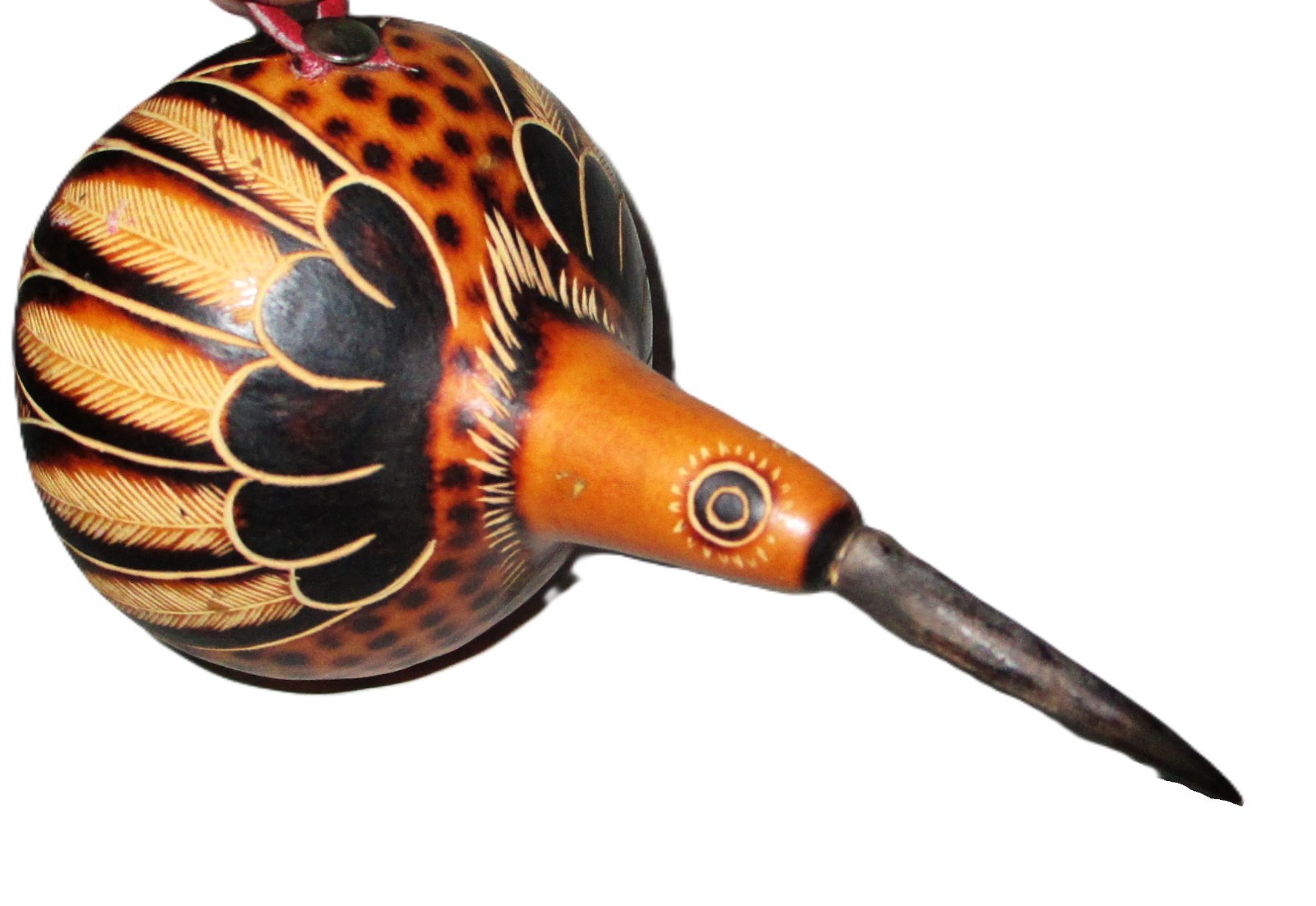 VINTAGE PERUVIAN FOK ART CARVED GOURD BIRD ORNAMENT,HUMMINGBIRD, SIGNED NEDINA