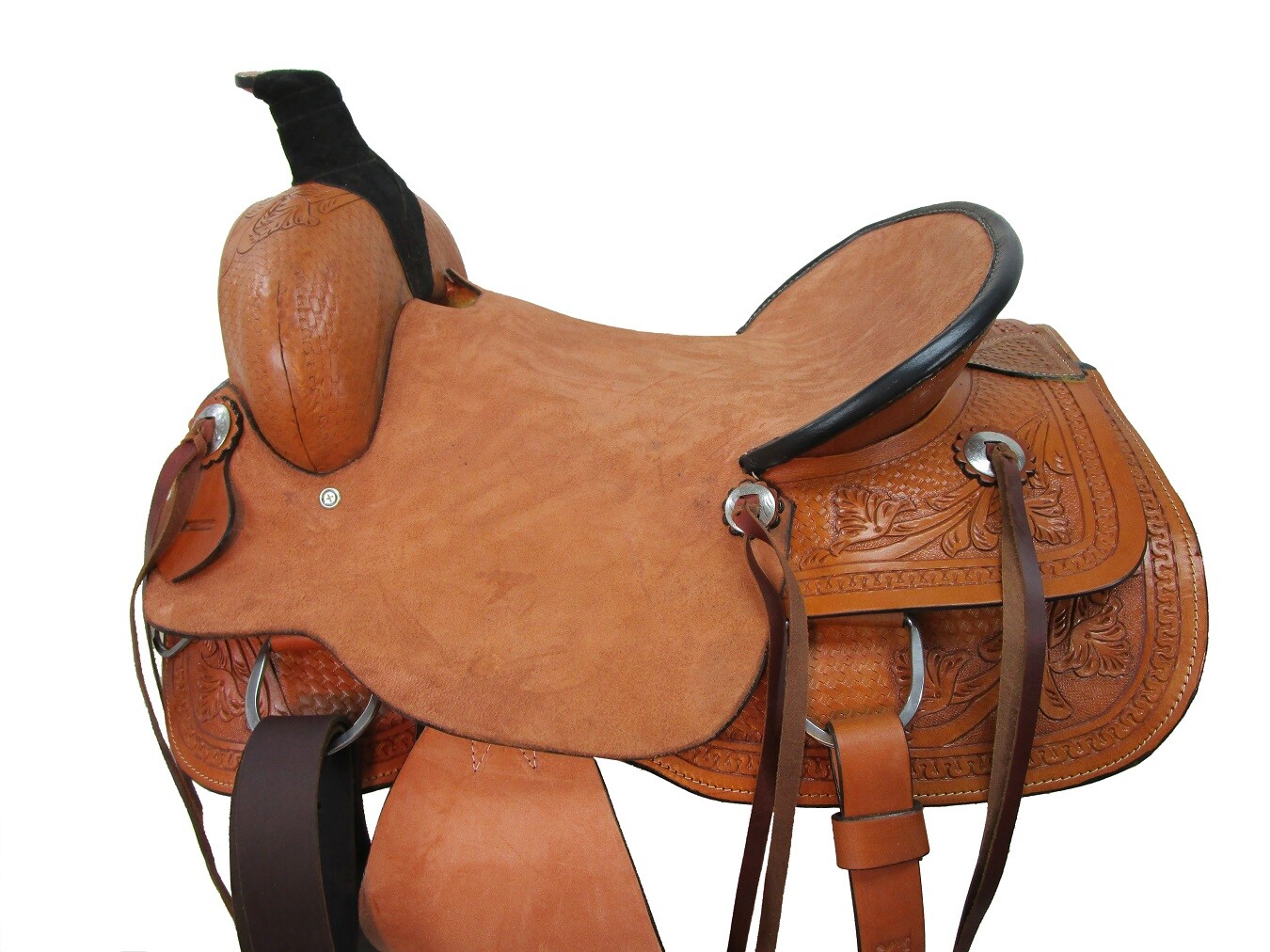TRAIL SADDLE WESTERN HORSE PLEASURE BASKET WEAVE TOOLED USED LEATHER 15 16 17 18