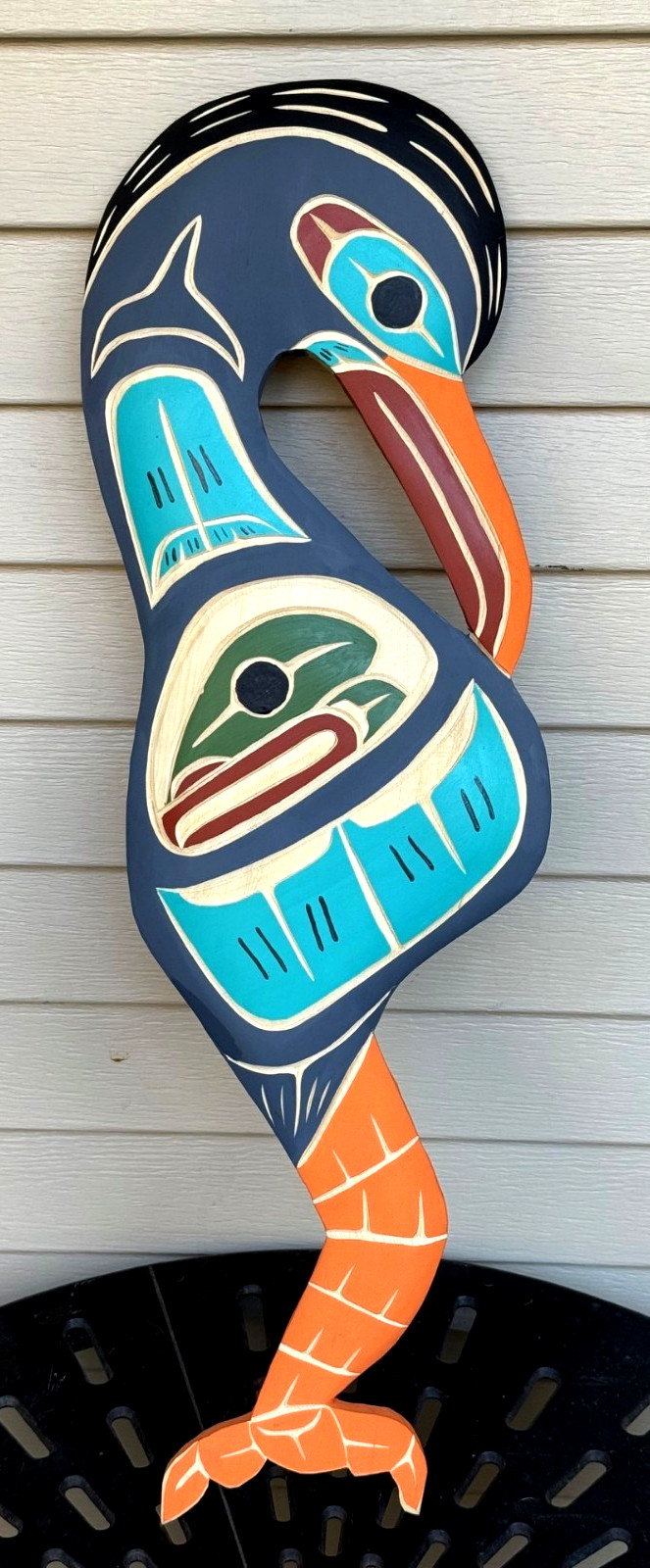 Northwest Coast Native Huge  Detailed Yellow Cedar Baby Heron with salmon