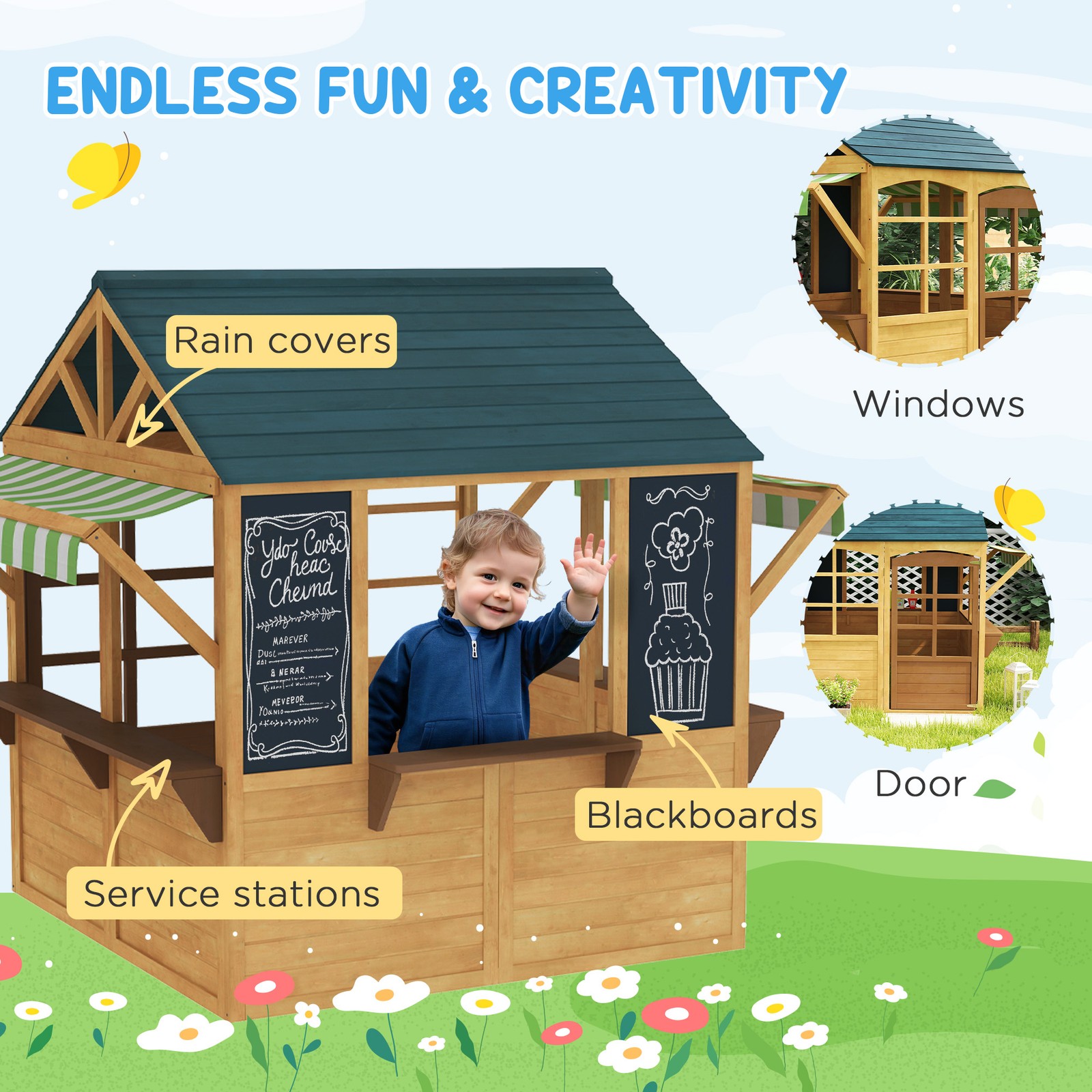 Qaba Outdoor Playhouse, Foldable Wooden Kids Cottage, Brown