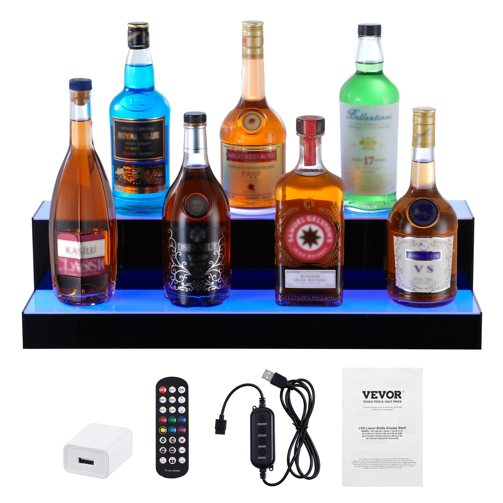 VEVOR LED Lighted Liquor Bottle Display Bar Shelf RF & App Control 24" 2-Step
