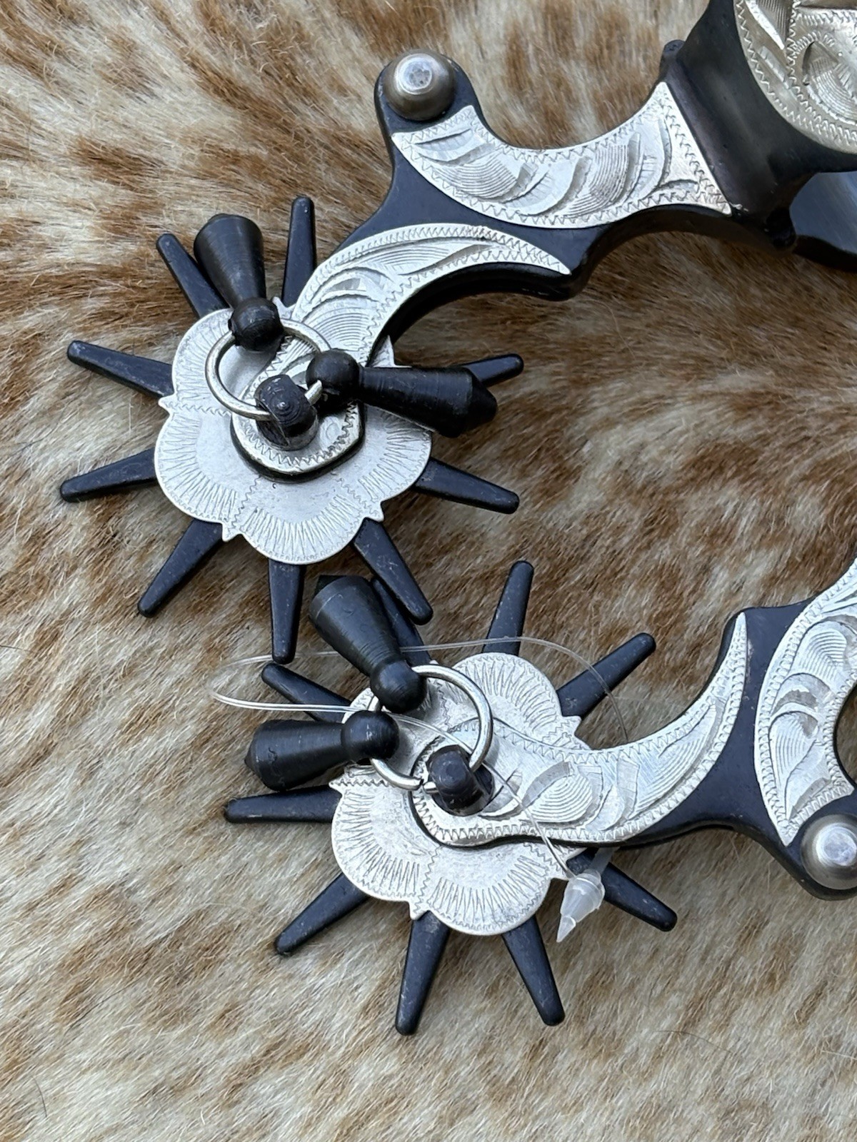 Men’s Size Black Steel Jingle Bob Spurs Engraved Silver PAIR Oversized Rowels