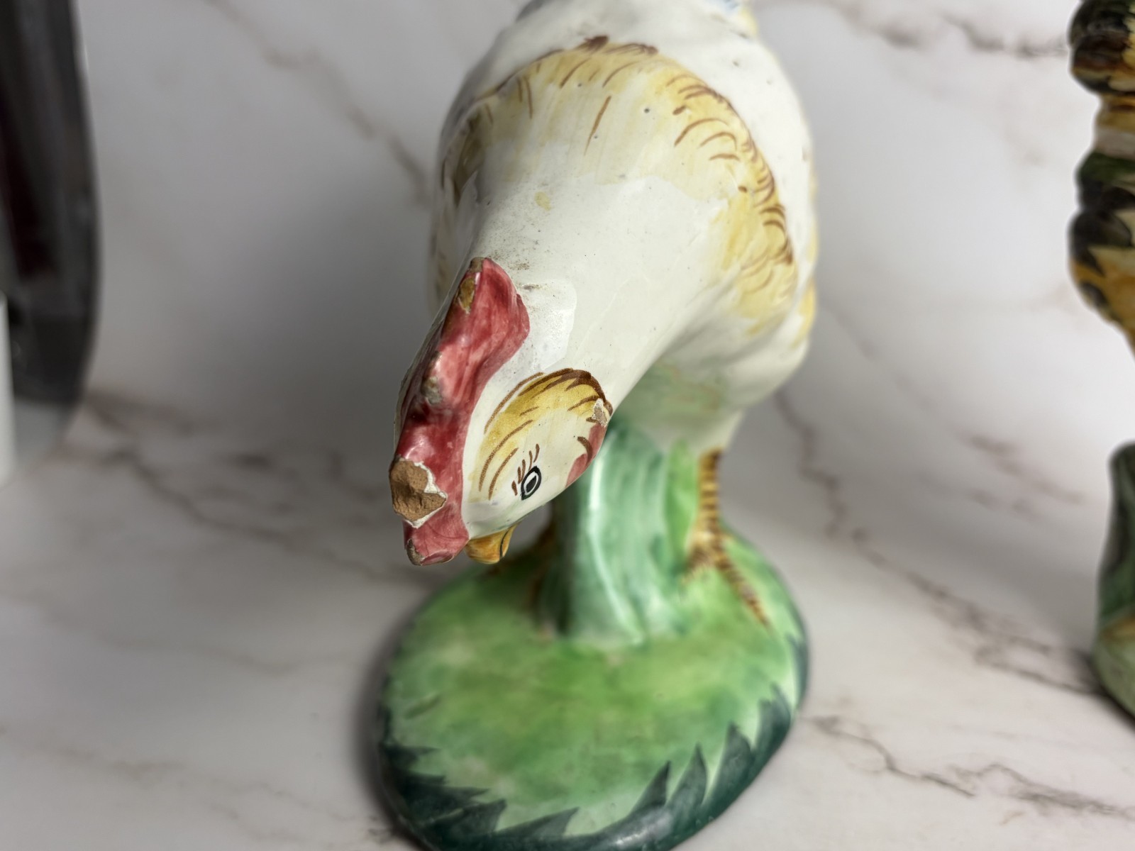 Vintage Italian Majolica Rooster Figurines Hand Painted Chicken Pair Farmhouse