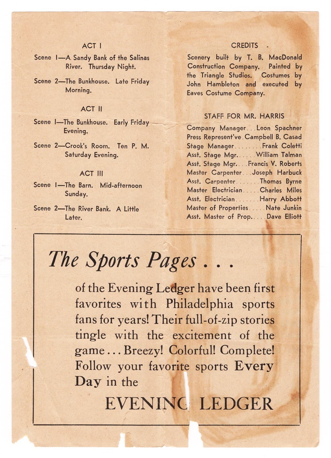 John Steinbeck "OF MICE AND MEN" Claire Luce / Guy Robertson 1939 Playbill