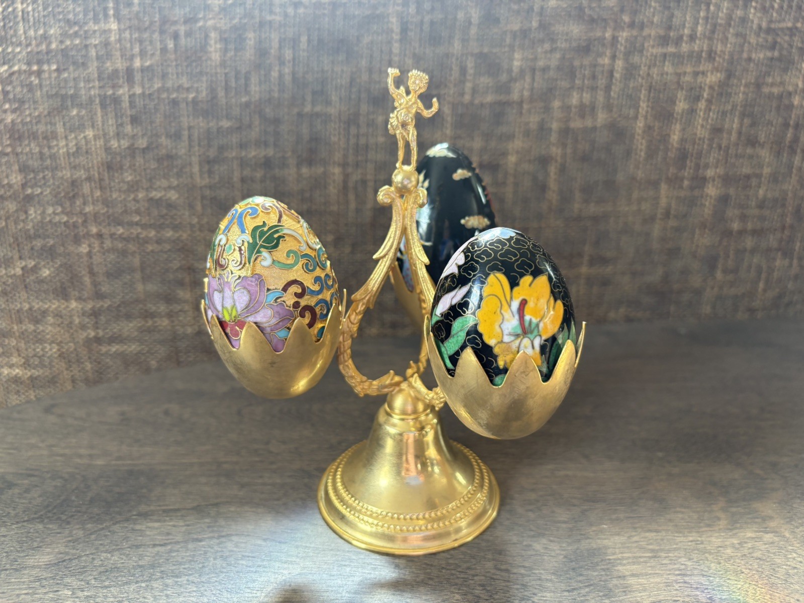 Vintage Italian Brass Egg Cup Holder Display Set with Cherub Figural