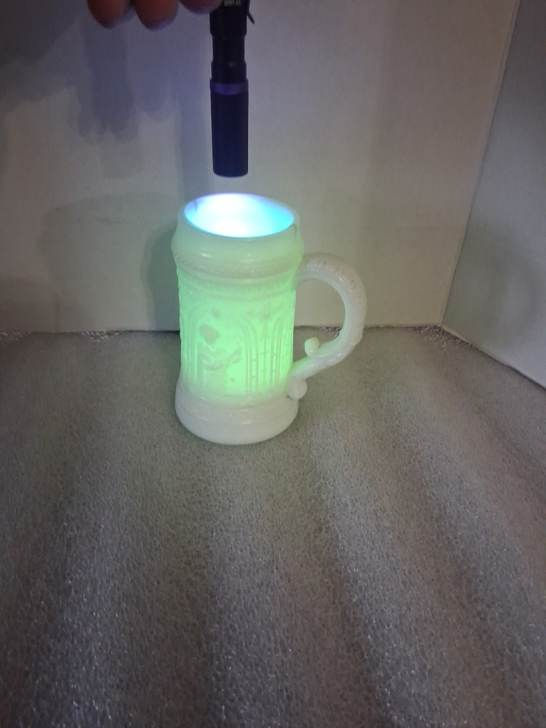 Westmoreland Greentown ? Serenade Antique German  Uranium Glass Stein Mug #2