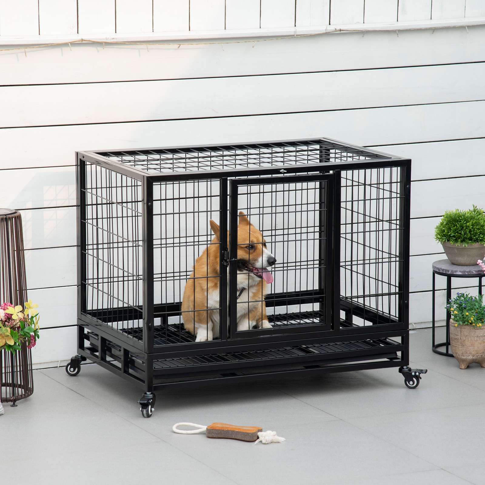 36" Heavy Duty Dog Crate with Tray Lockable Wheels Double Door Medium Large Dogs