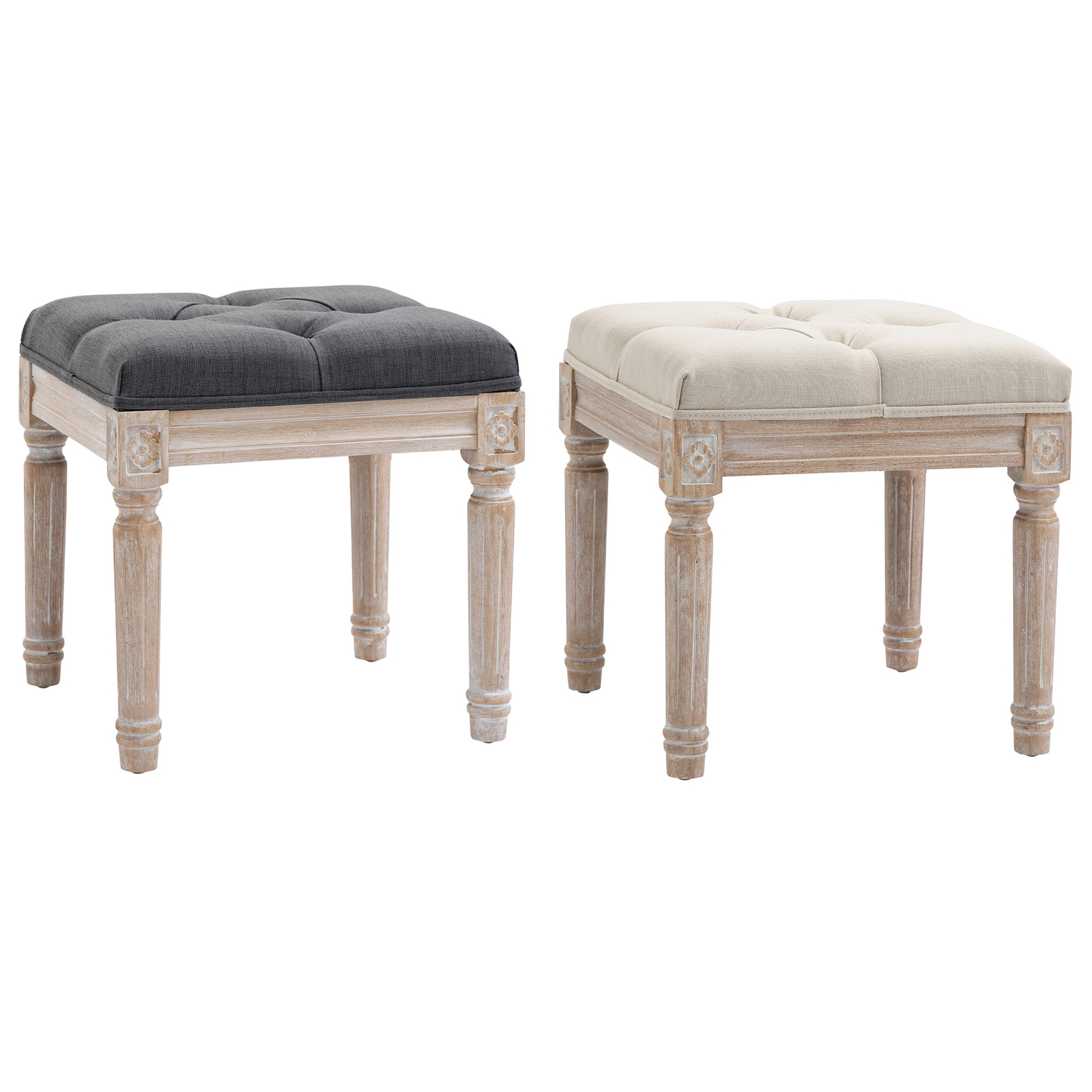 Foot Stool Ottoman Bench Footrest with Button Tufted Seat and Wood Legs Beige