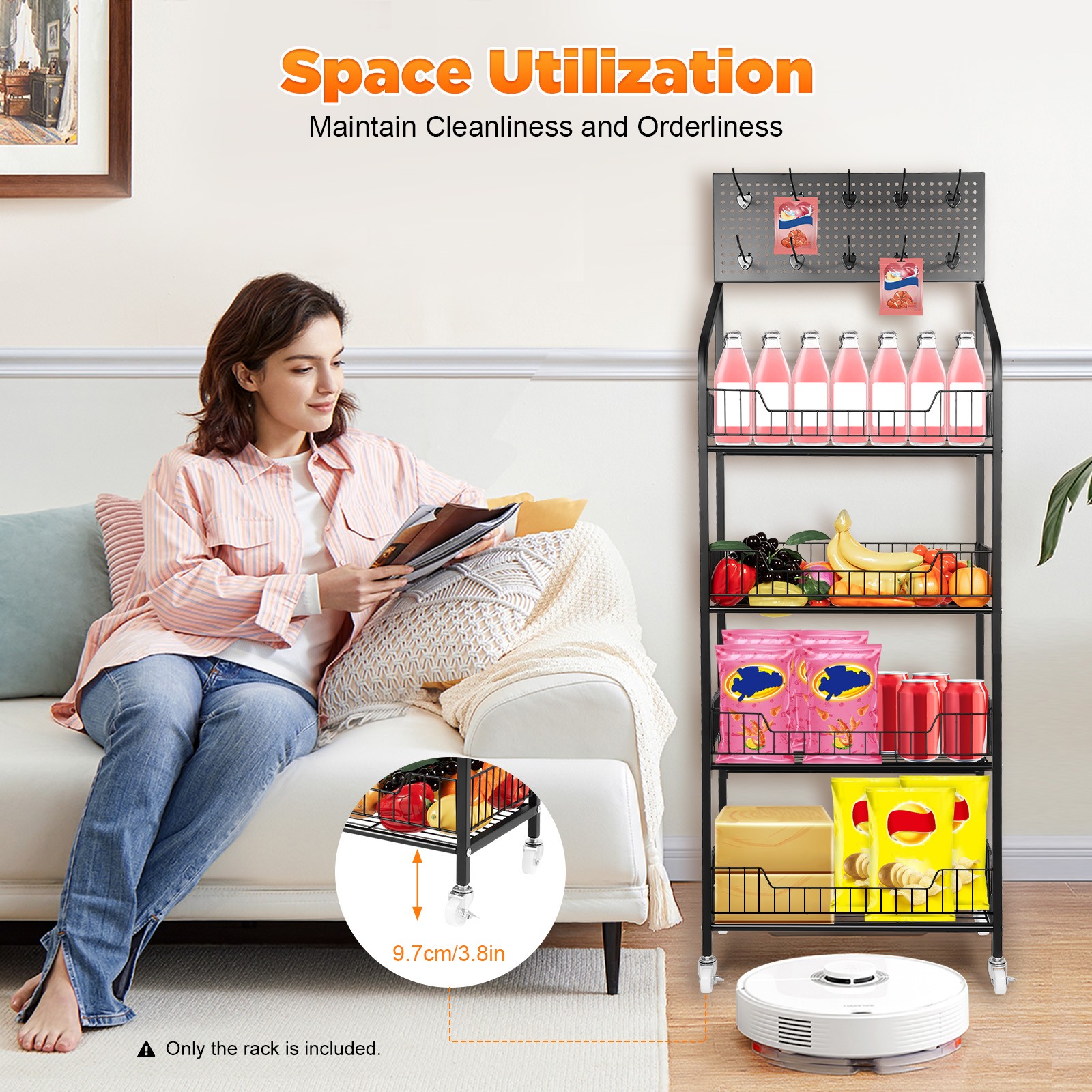 4 Tiers Retail Shop Display Rack Market Shelf Fruit Vegetable Snack Basket Black