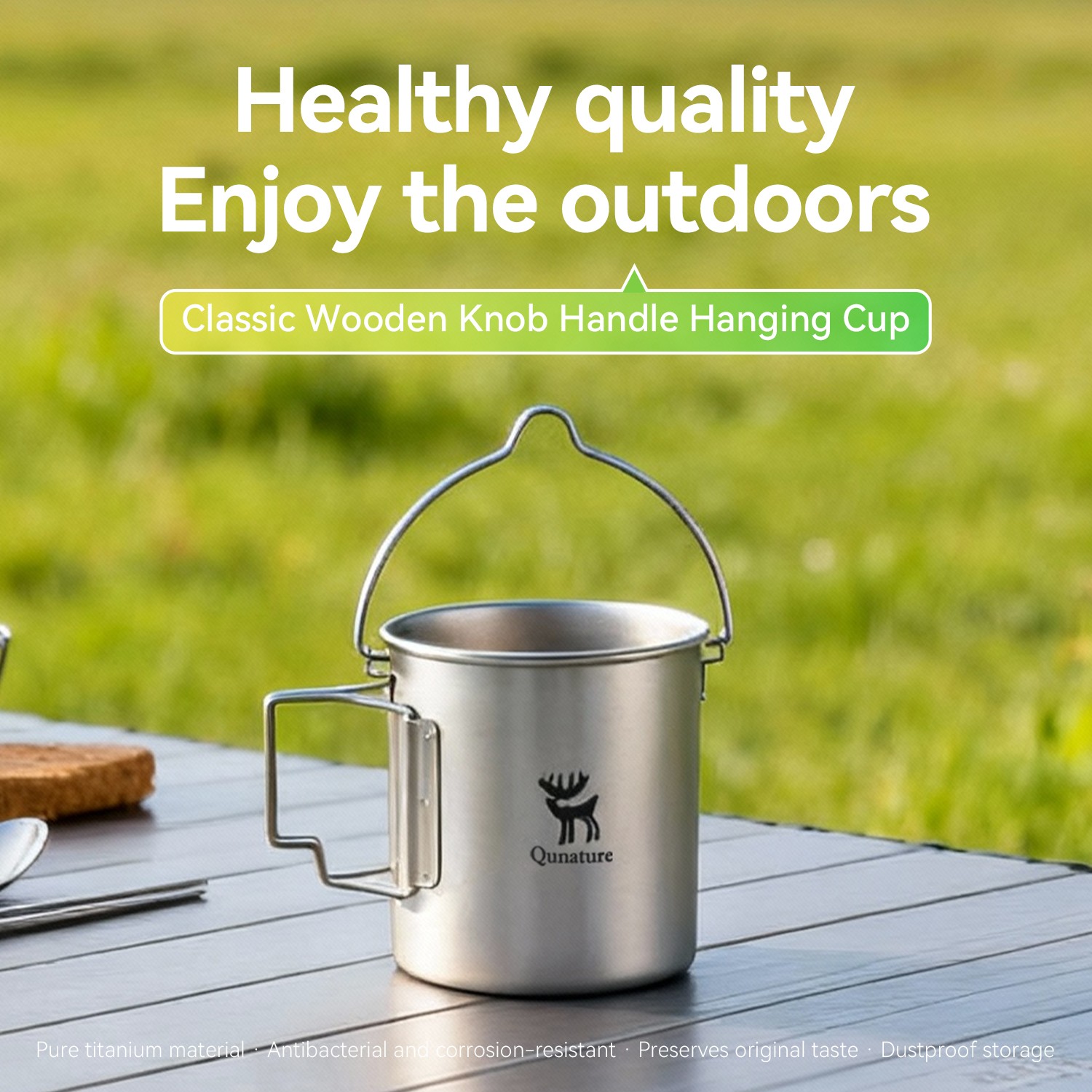 Qunature Titanium Mug 750ml Camping Pot Drinking Mug with Folding Lid & Handle