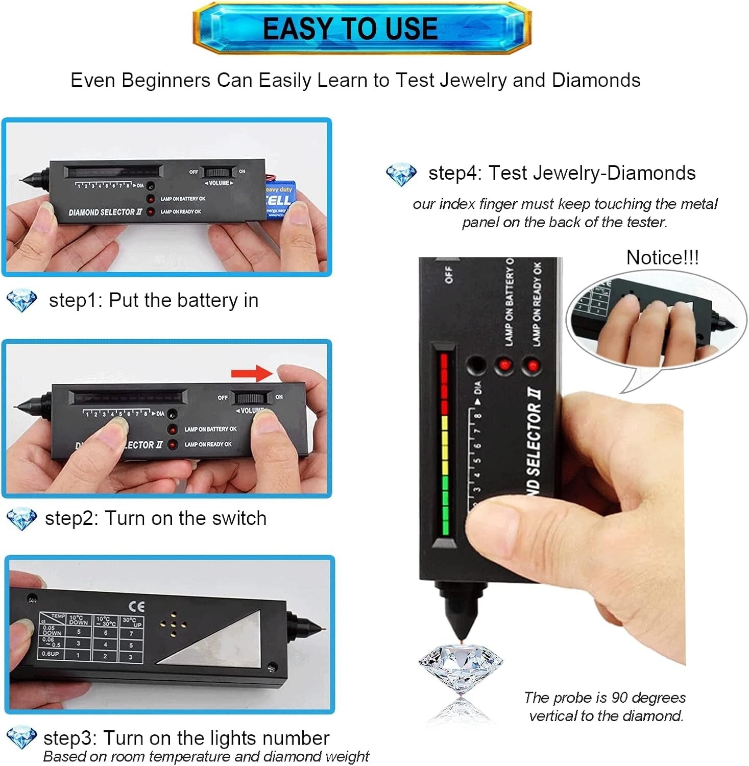 Portable Diamond Tester Selector Illuminated Jewelry Gemstone Testing Tool Kit