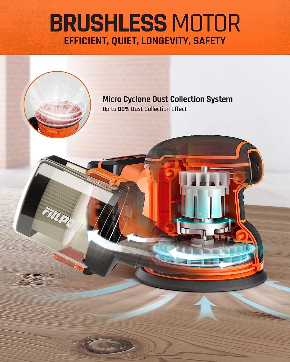 FIILPOW Cordless Random Orbital Sander, 20V Brushless Sander with Battery,