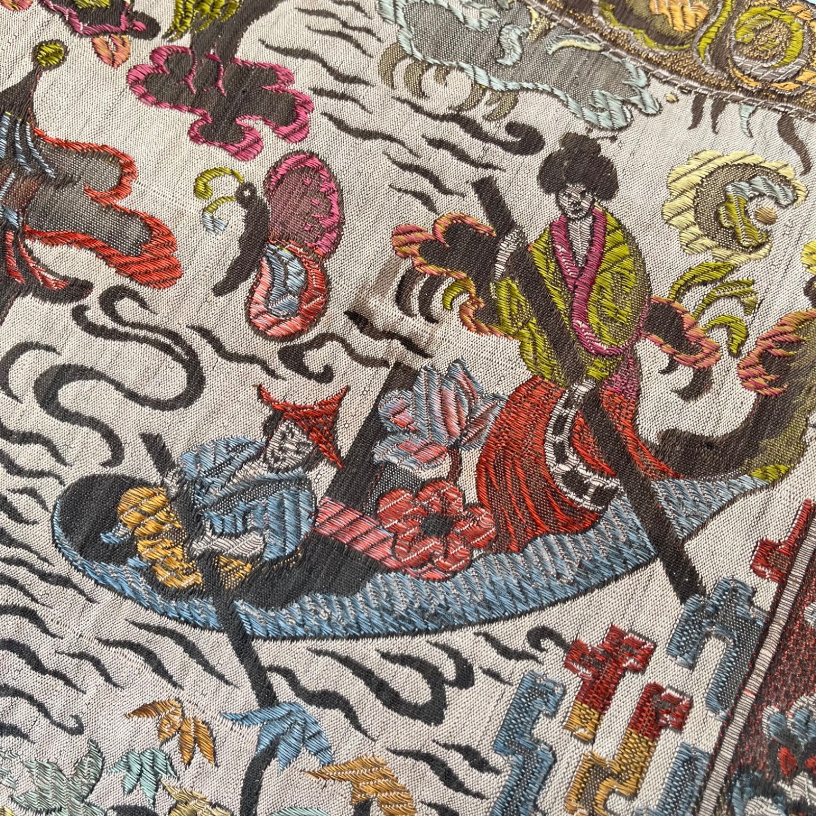 Vintage Asian Silk Hand Embroidered Textile 48 x 17 Panel Runner Pagoda Scene