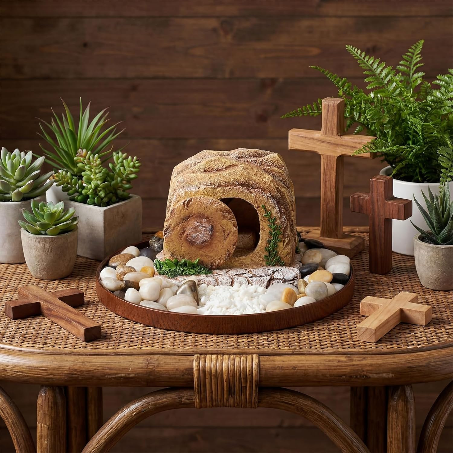 Lighted Easter Empty Tomb Scene Decor Resin Resurrection Tomb Scene with Movable