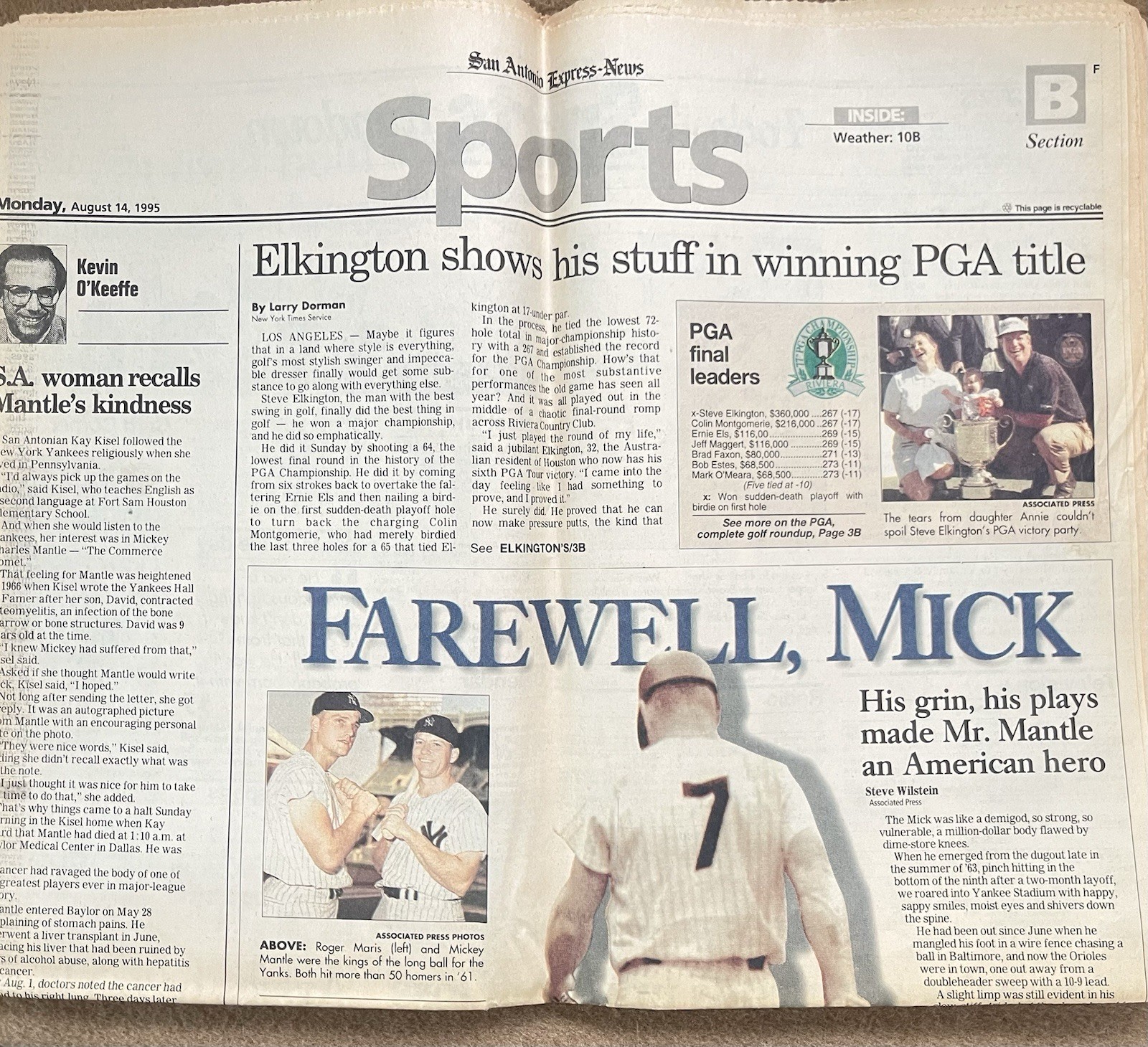 Vintage newspapers Mickey Mantle’s Death San Antonio Express Aug 14 & 16, 1995