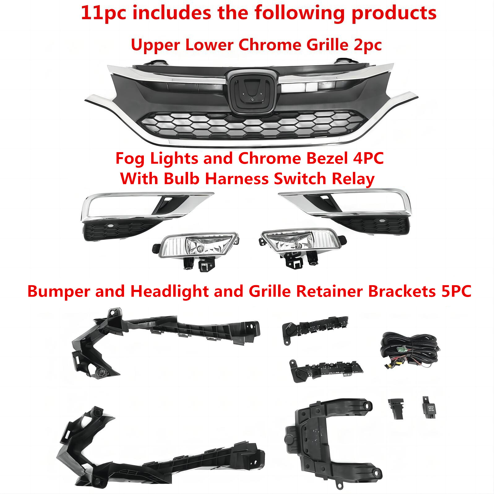 11PCS For CR-V 2015-2016 Upper Lower Chrome Grille Fog lights Headlight Brackets