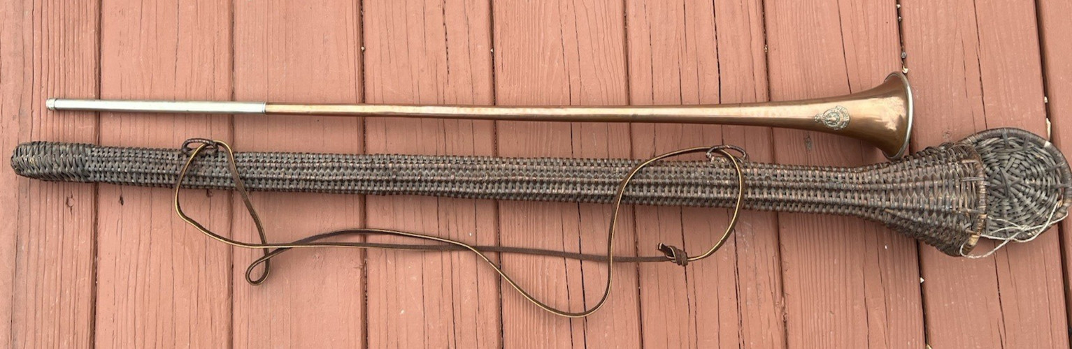 Signed George Potter Copper Brass Silver Long Fox Hunting Horn Wicker Sheath