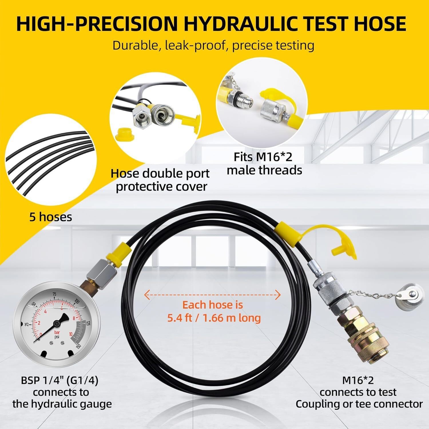 Hydraulic Pressure Test Kit 5 Gauges 13 Couplings 14 Tee Connectors 5 Test Hoses