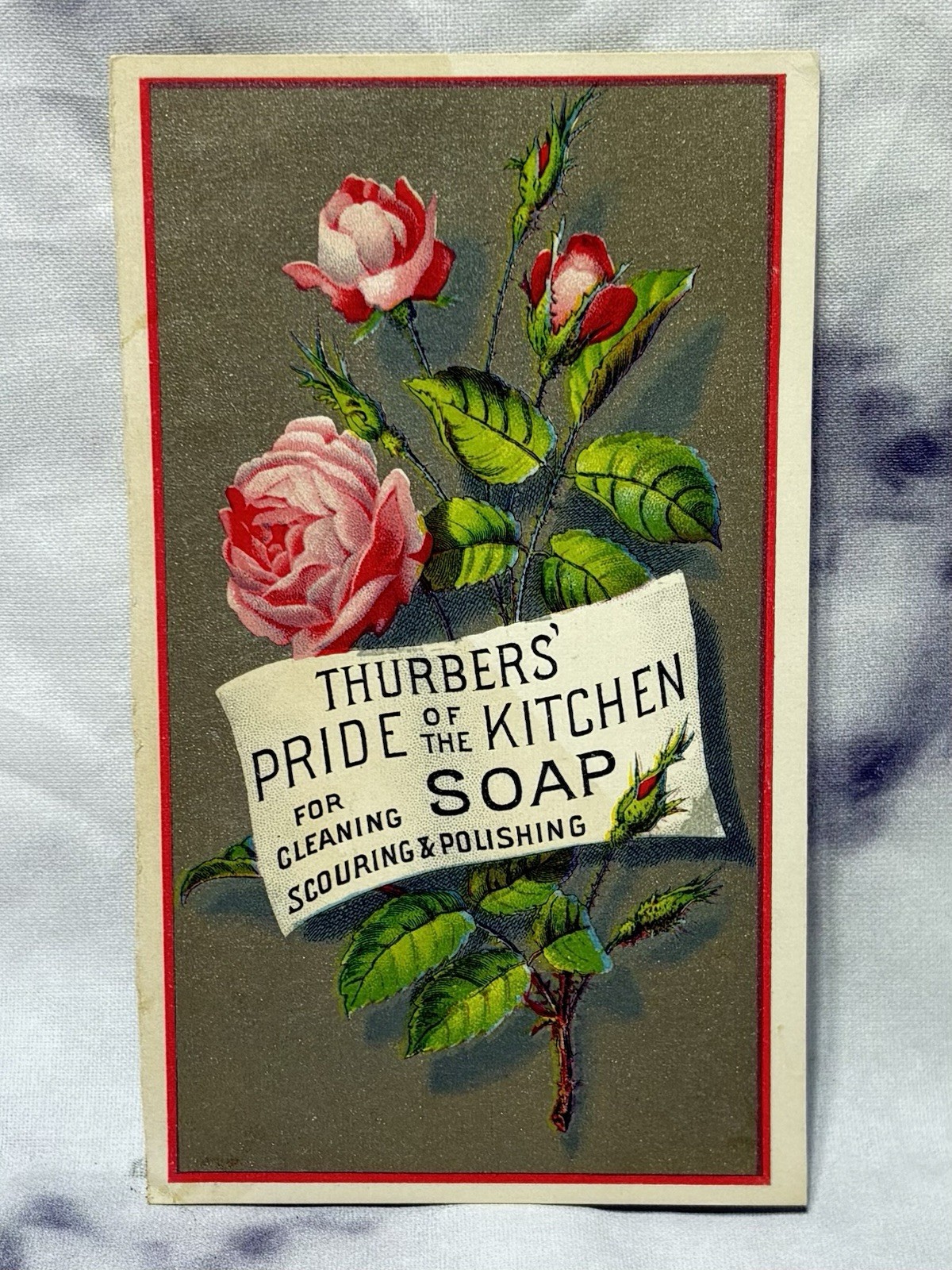 Antique Thurbers Pride of the Kitchen Soap Victorian Trade Card 1880s Ad Floral