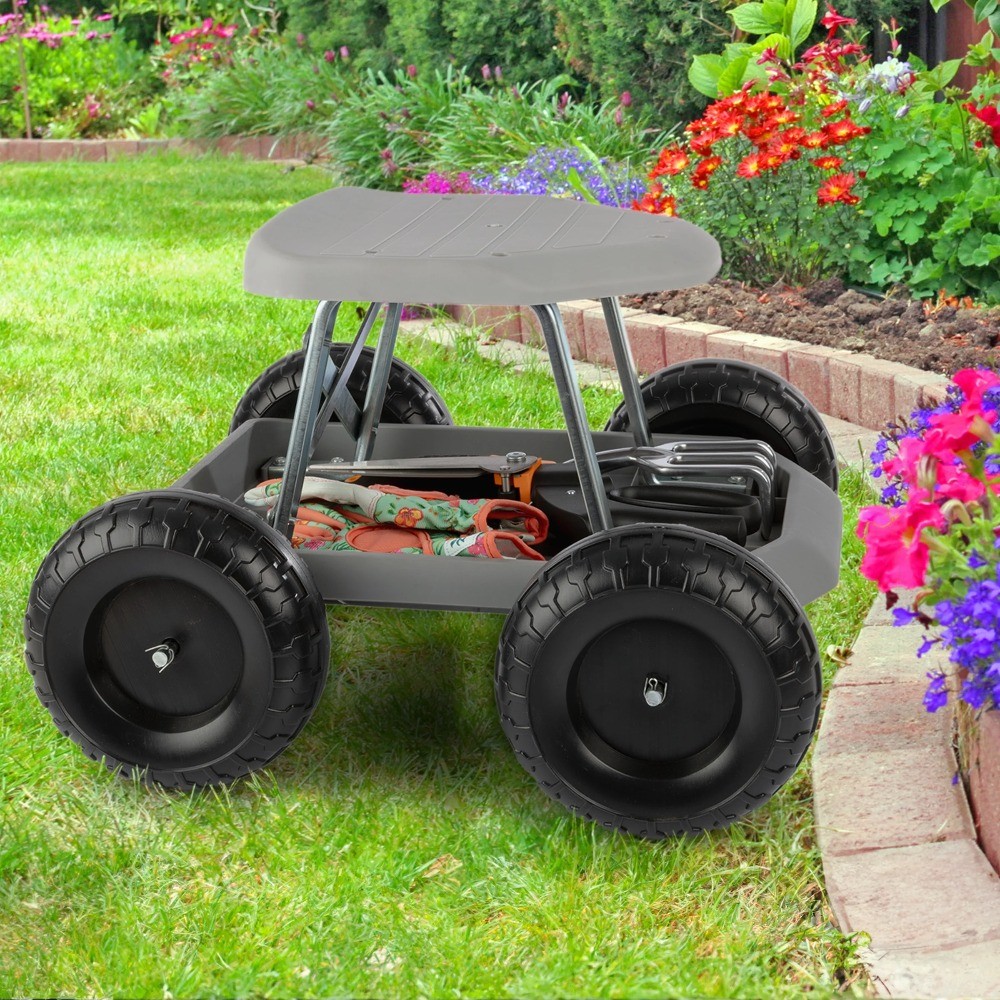 Pure Garden Gardening Stool - Rolling Garden Seat with Tray (Gray)