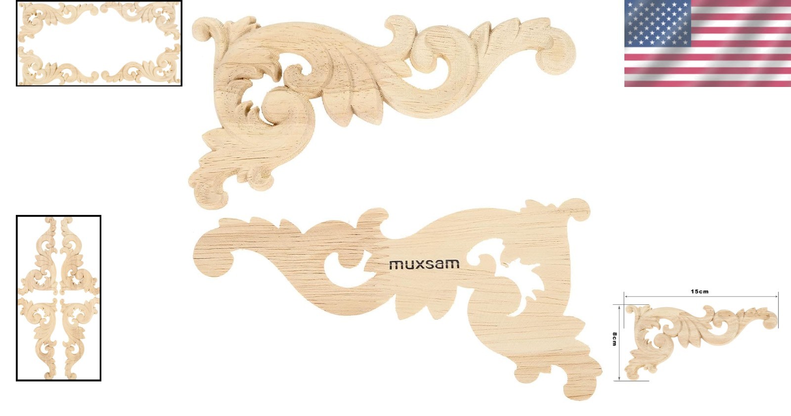 Intricate Oak Wood Carvings Onlays - Unpainted Decorative Corner Plaques Set