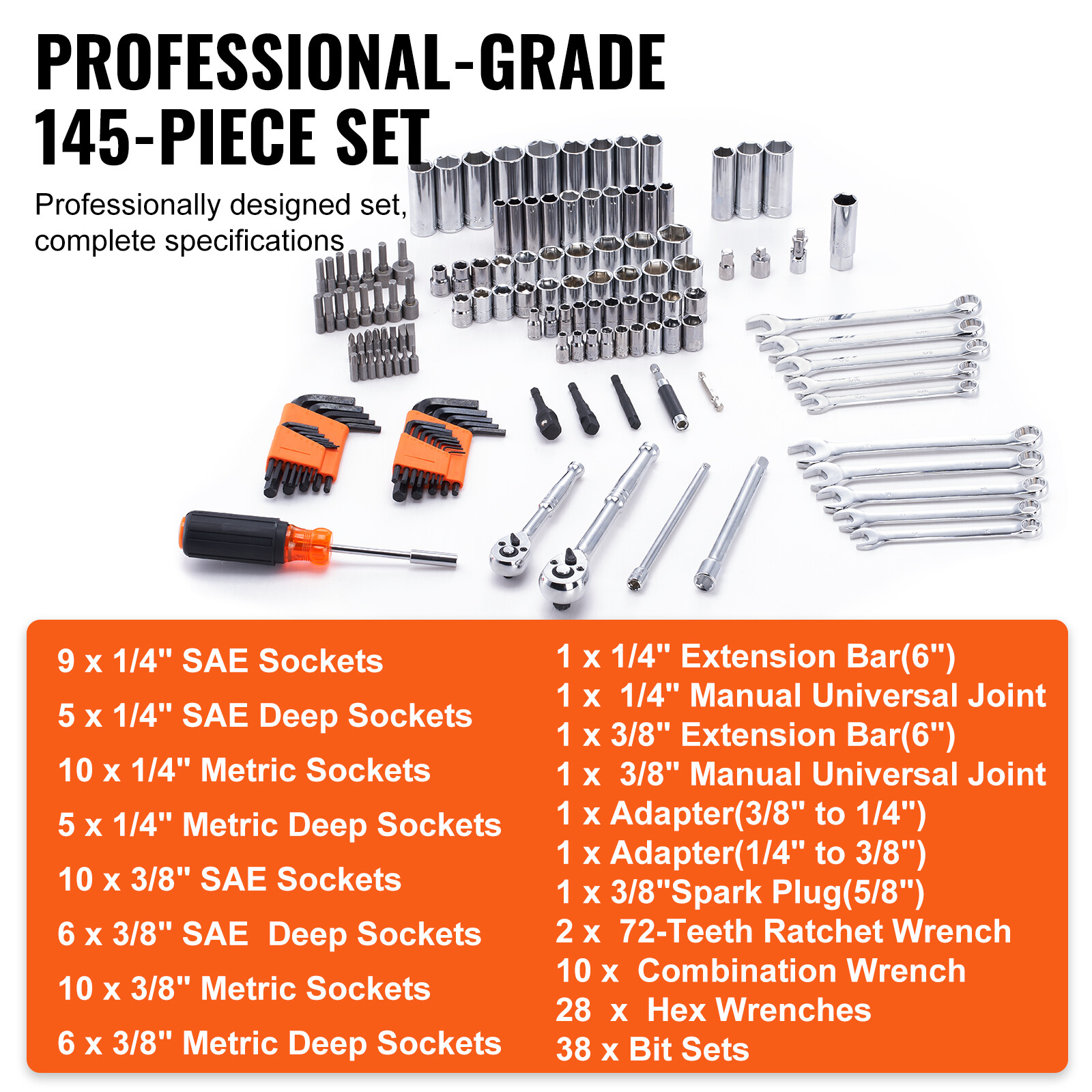 Mechanics Tool Set and Socket Set 1/4in 3/8in Drive 145 Pcs SAE and Metric