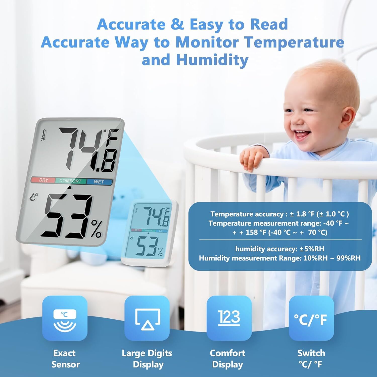 Digital Thermometer Hygrometer, Large LCD Screen Room Thermometer...