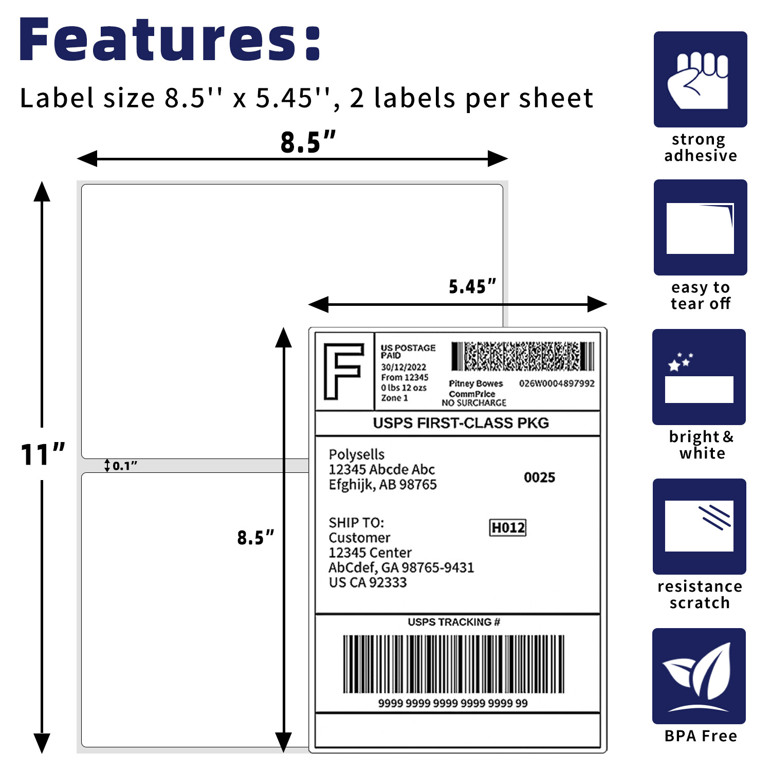 Shipping Labels 8.5x5.5 half sheet Self Adhesive 2 Per Sheet POLYSELLS 2UP