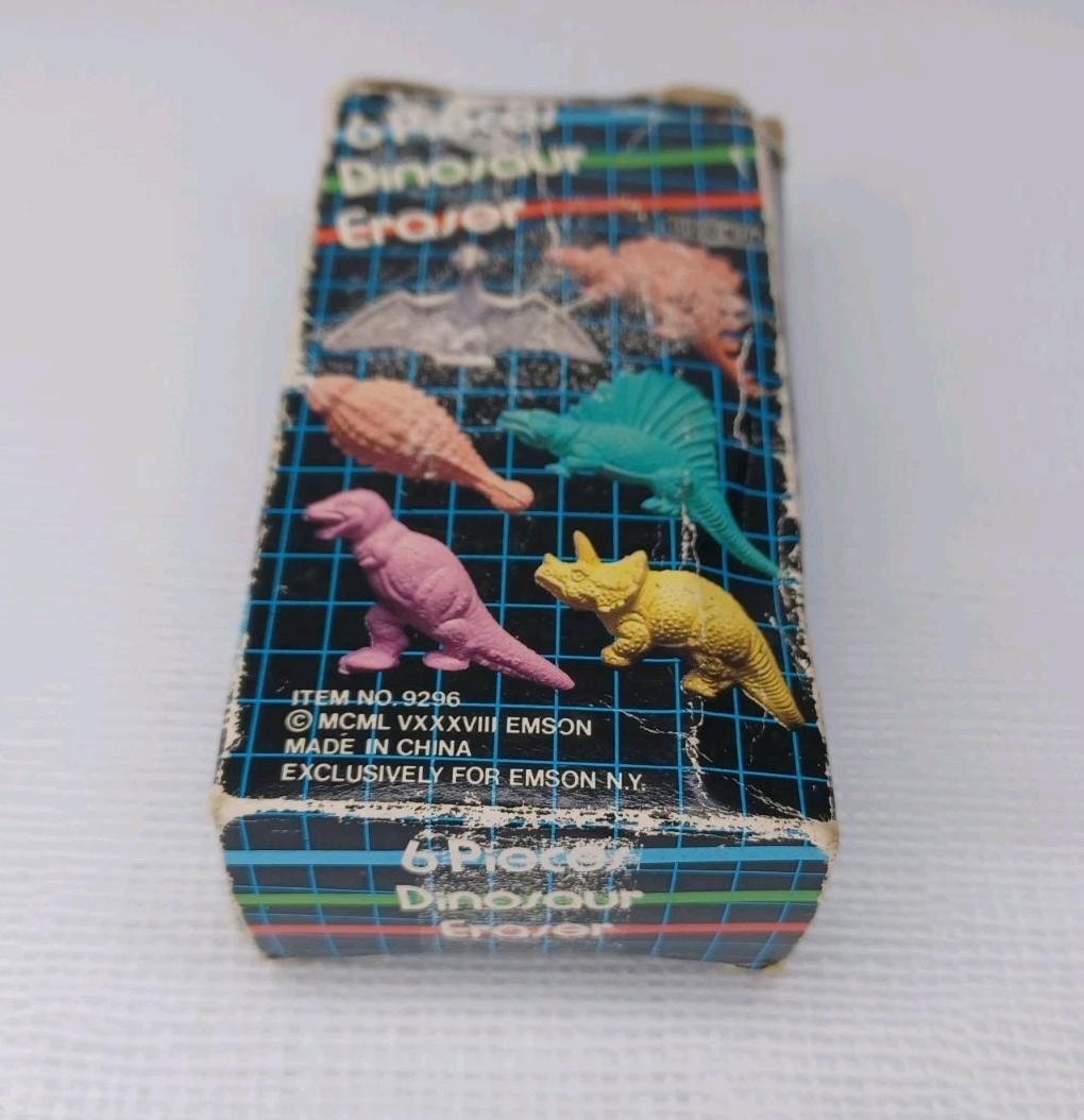 Rubber Dinosaur Eraser Set 6 Pieces Erasers With Box Vintage 1978 Emson