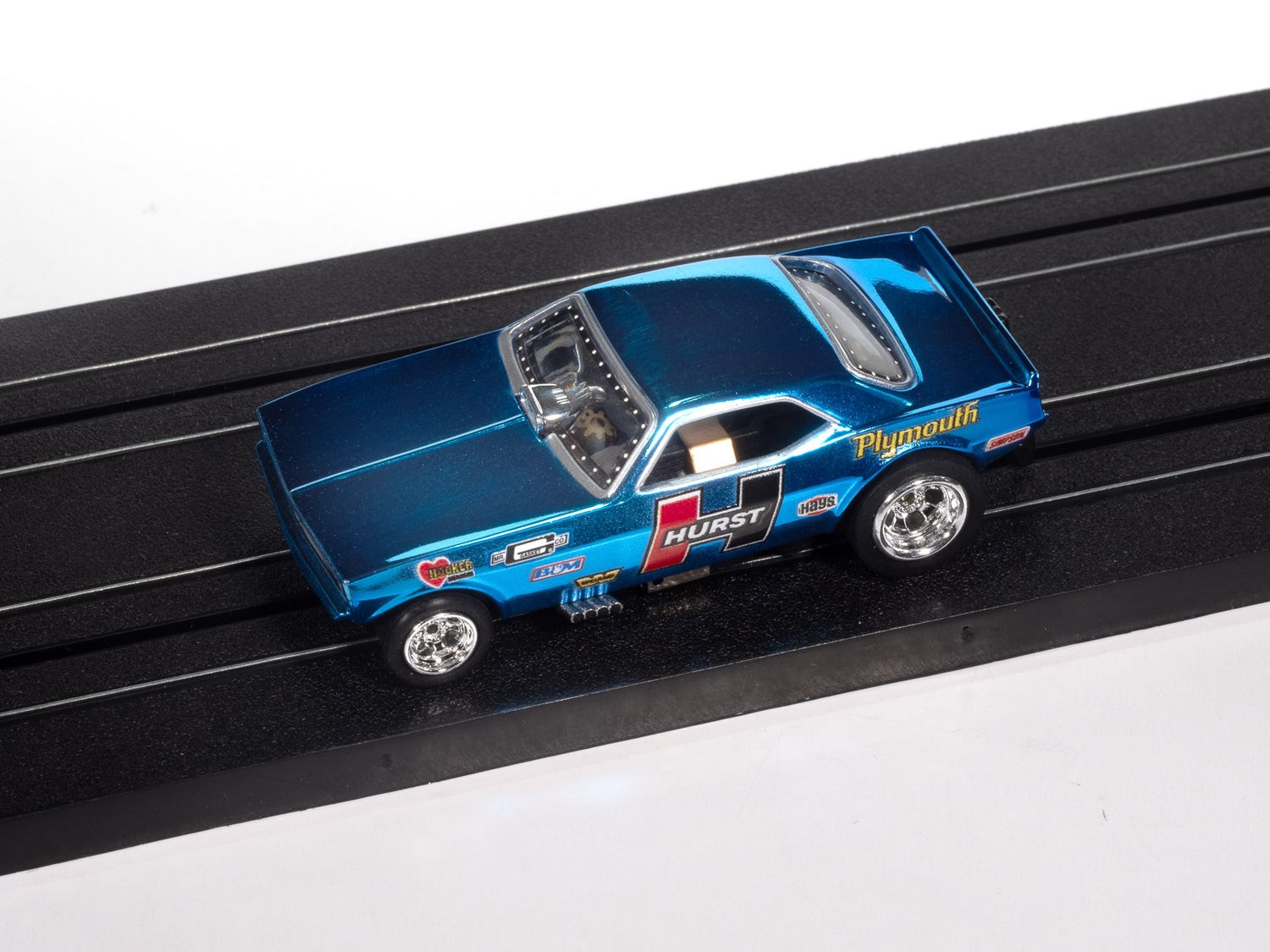 Auto World 4Gear 1970 Plymouth Barracuda Drag Hurst Shifters Blue HO Slot Car