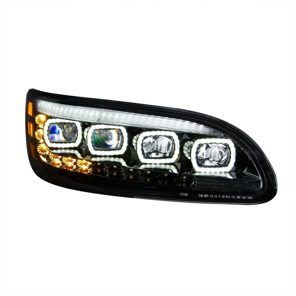 Pair Black Quad-LED Headlights With LED DRL & Sequential Signal For Peterbilt