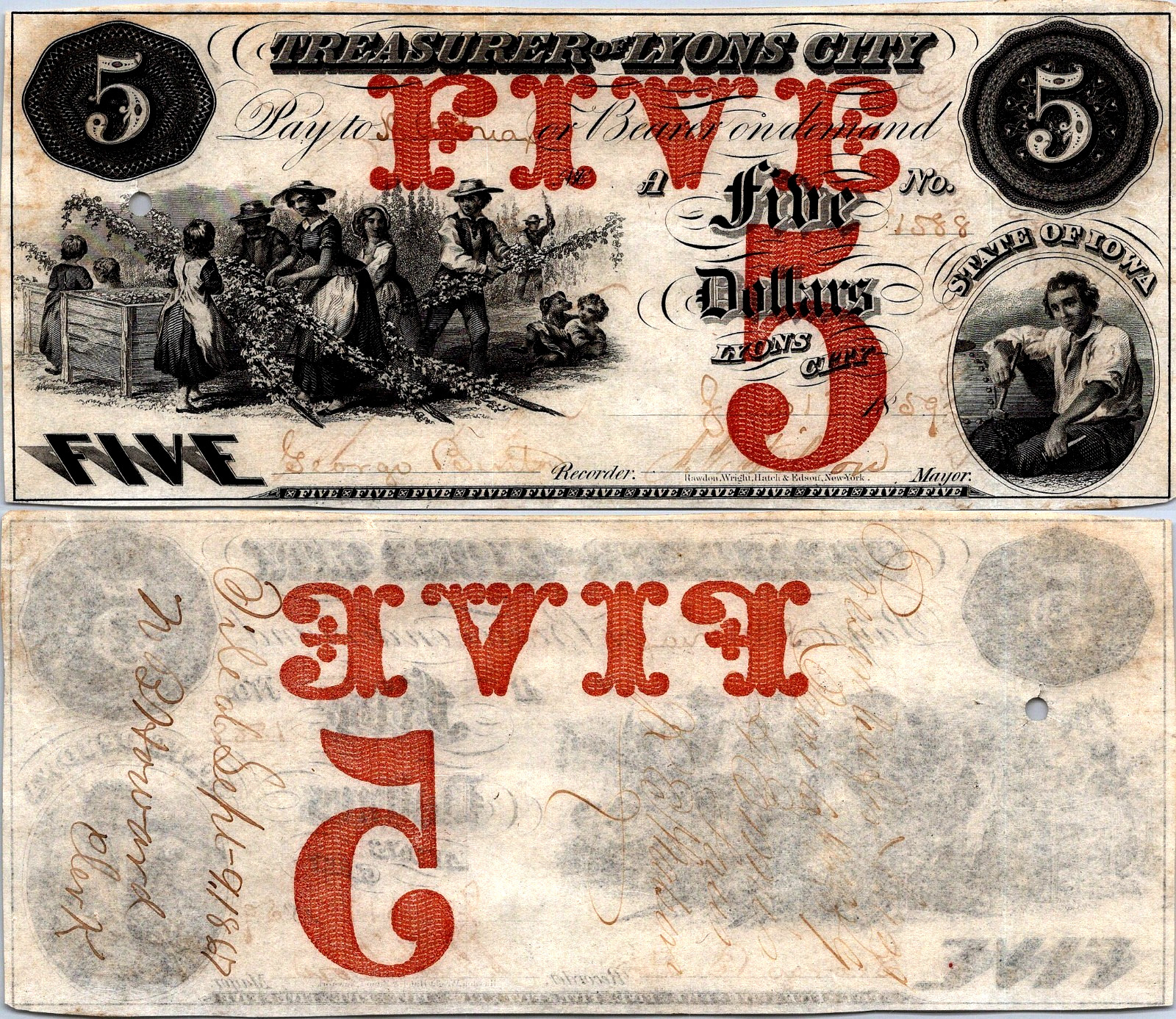 1858 $5 Treasurer of Lyons City - Iowa IAT586