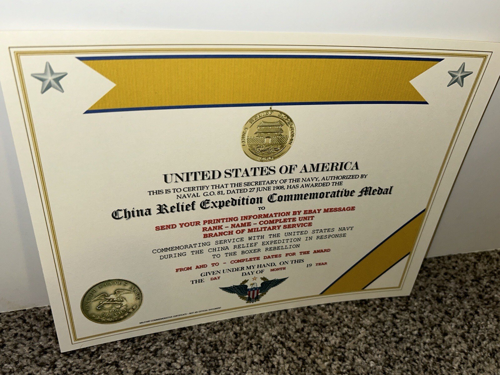 CHINA RELIEF EXPEDITION COMMEMORATIVE MEDAL CERTIFICATE ~ W/PRINTING TYPE-1