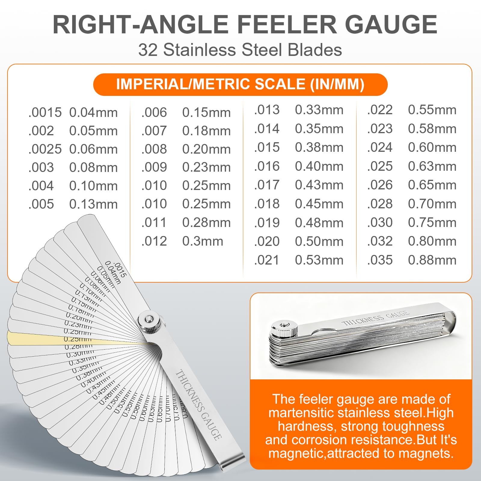 Kit Galgas Calibrador Lainas 48 Hojas Rectas Acodadas Punterías Bujías Inox Pro